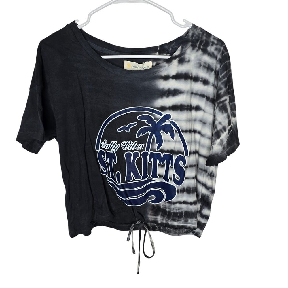 Ocean Drive Dark Gray Tie-Dye Drawstring "Salty Vites St. Kitts" Crop Top Medium